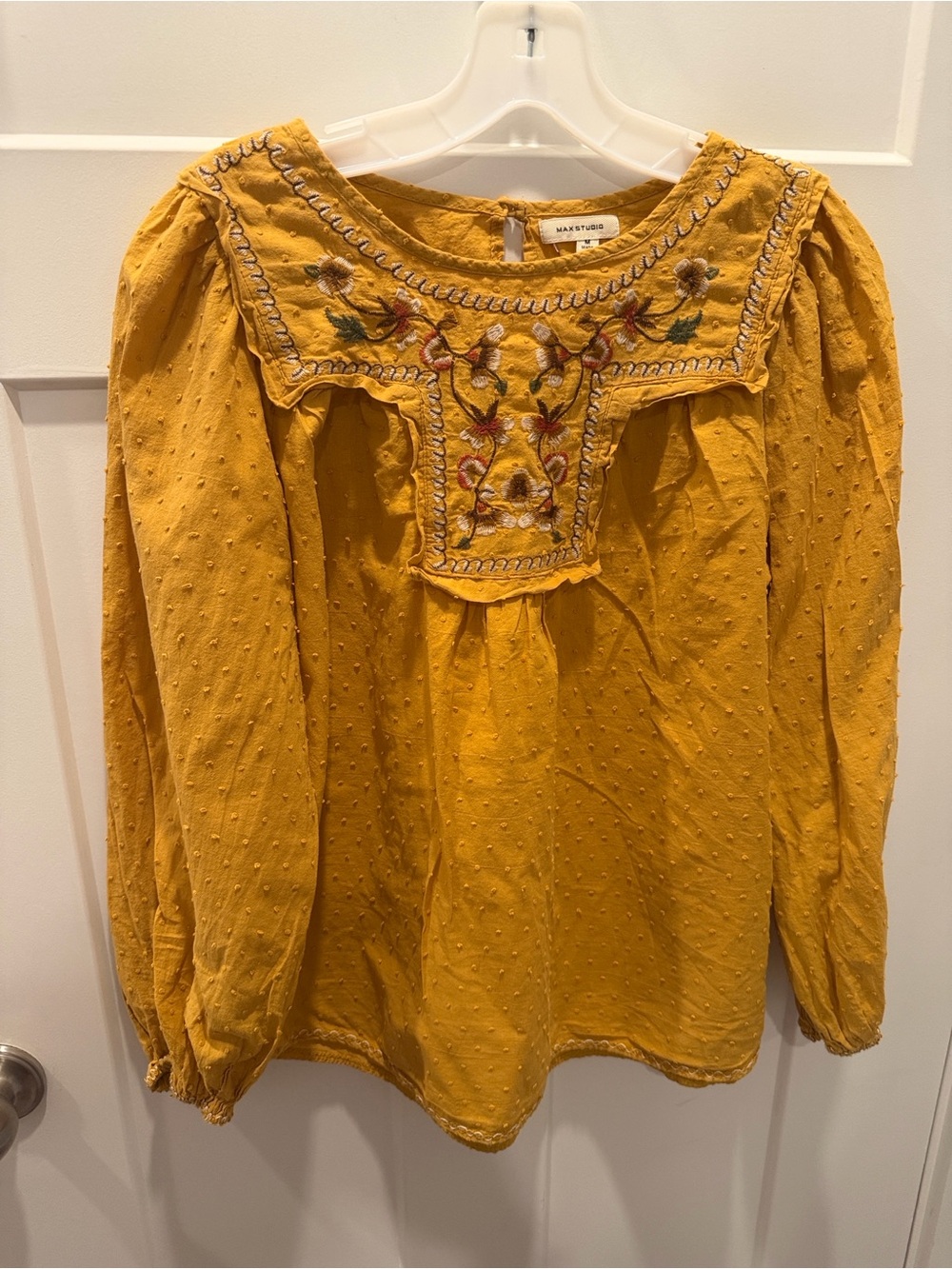 Max Studio Mustard Embroidered Swiss Dot Boho Peasant Blouse M